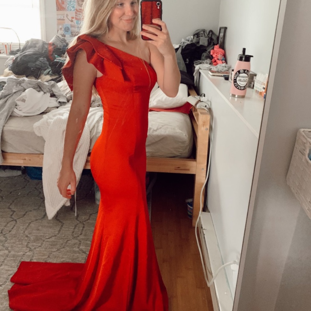 red, one shoulder prom dress. size 2